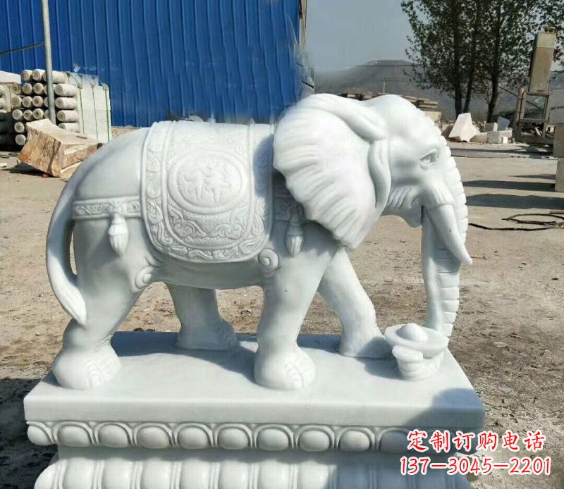 鼻卷元寶的大象漢白玉吉祥如意石雕
