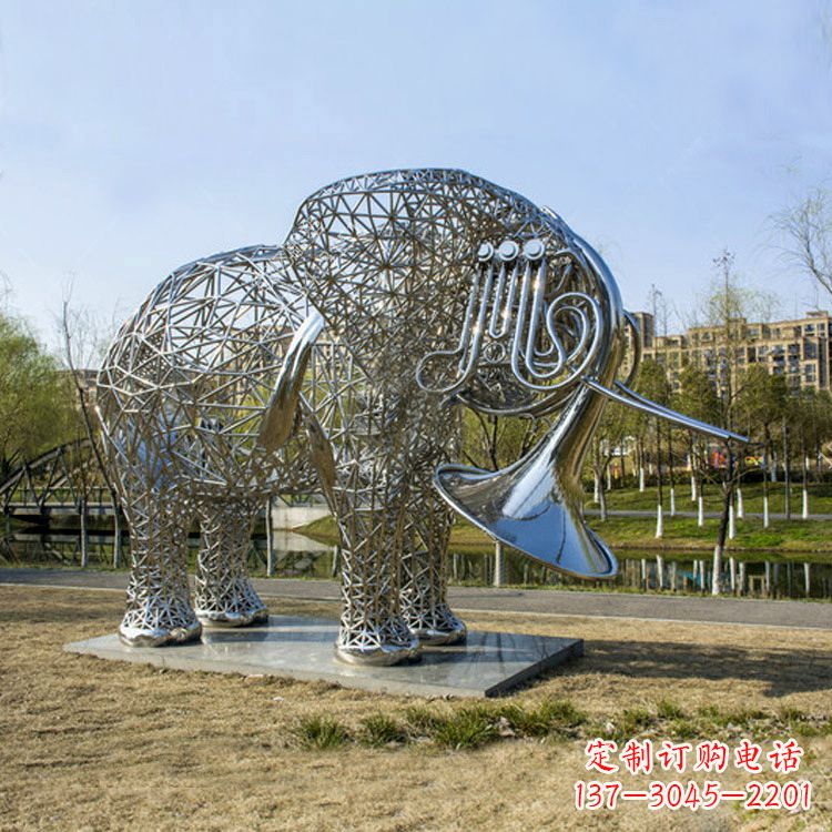 不銹鋼大象吹嗩吶雕塑——公園園林創意動物雕塑景觀