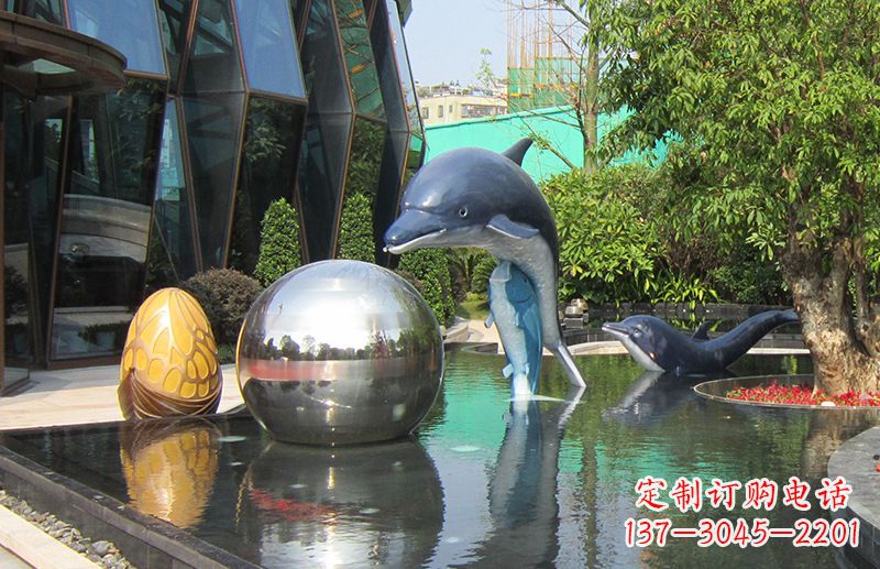 不銹鋼海豚景觀雕塑創造精美絕倫的企業公園