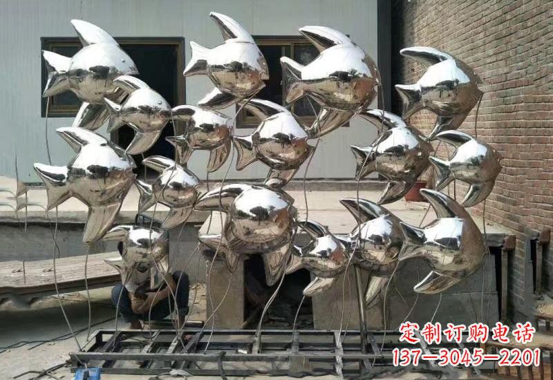 不銹鋼鏡面公園魚群雕塑