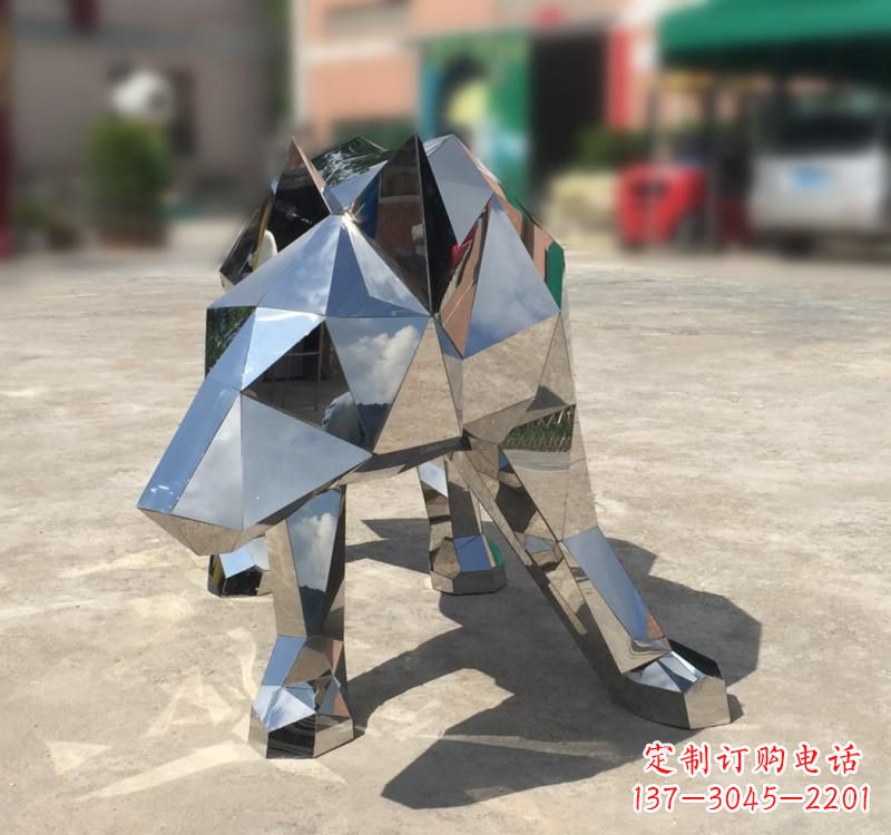 不銹鋼園林動物幾何狼雕塑
