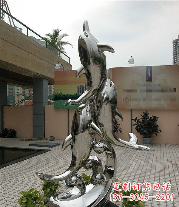 創意不銹鋼跳躍的海豚雕塑