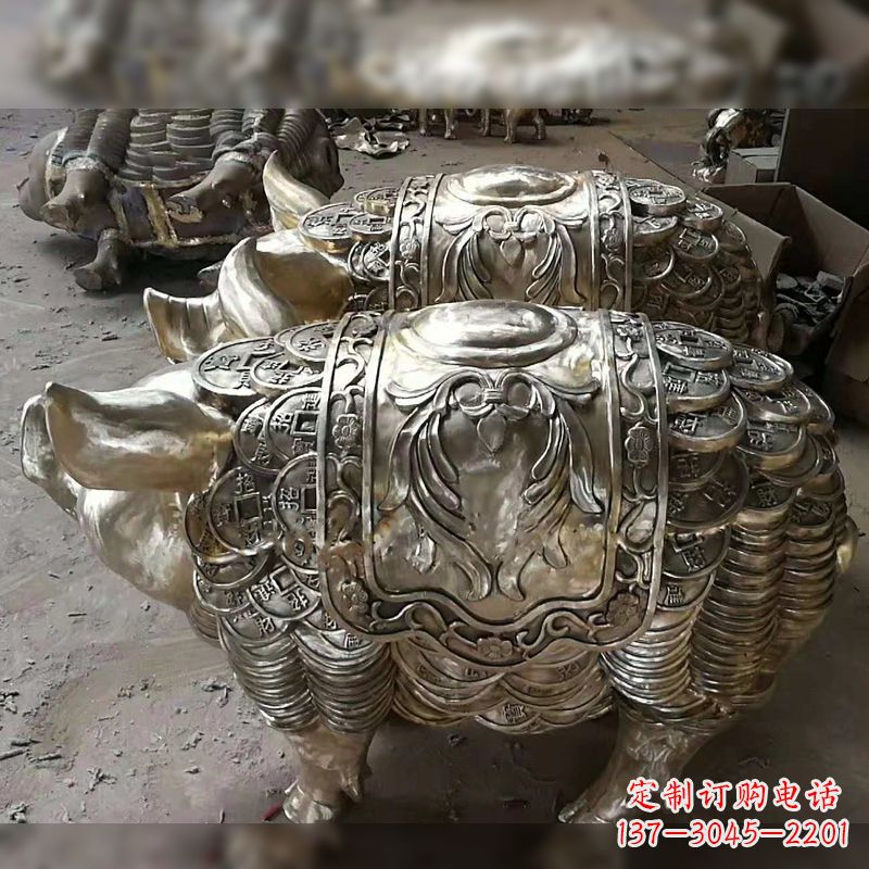 純銅鑄造豬銅雕-招財生肖動物風水雕塑