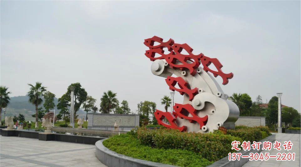 公園不銹鋼抽象魚群雕塑11