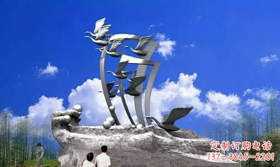 藝術家手工制作的不銹鋼飛翔天鵝雕塑