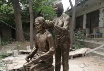 紀念母親的傳統銅雕梳頭人物