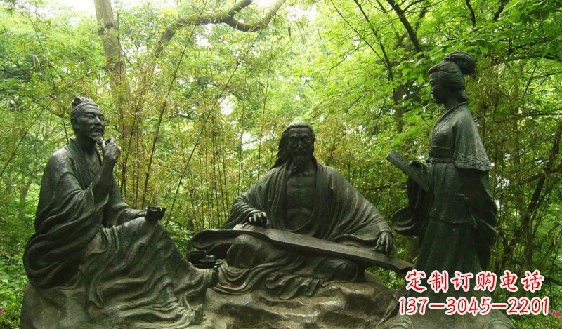 公園彈琴看書的古代人物小品銅雕
