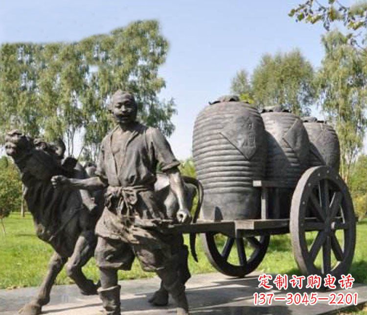 公園駕著牛車拉酒缸的古代人物小品銅雕