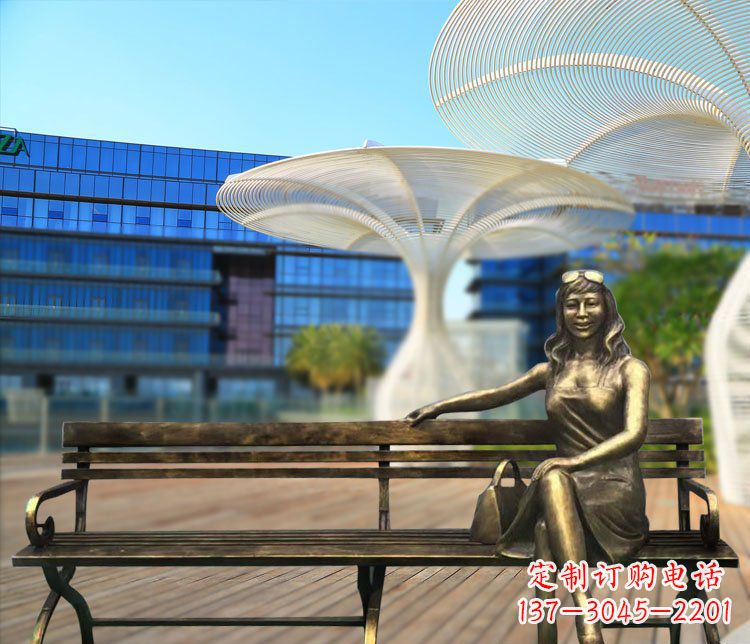 公園景觀擺件坐在長椅上的女郎銅雕