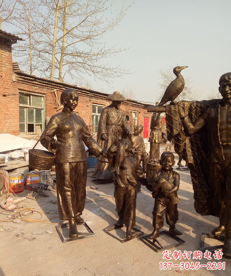 公園景觀買魚回家銅雕