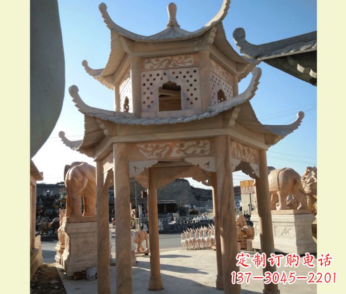 公園晚霞紅六角雙層中式石雕涼亭