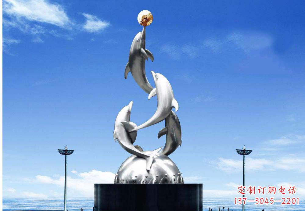 廣場(chǎng)不銹鋼海豚頂球雕塑