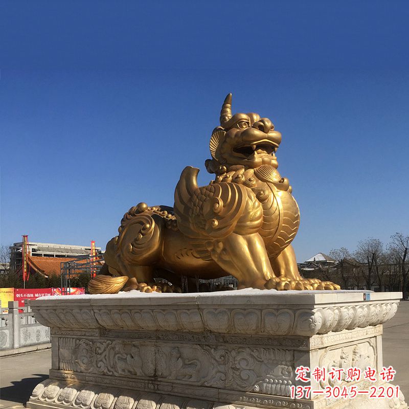 鎏金銅雕獬豸-公園園林神獸動物雕塑
