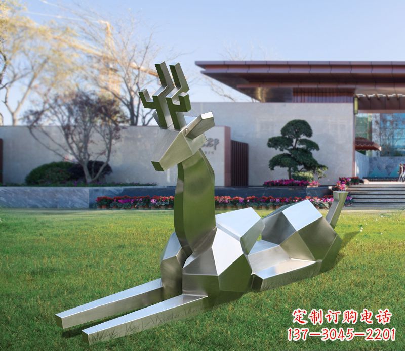 趴姿幾何不銹鋼鹿雕塑