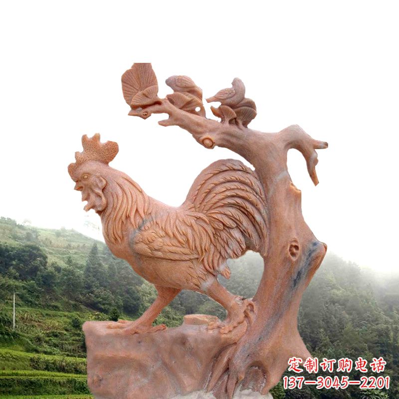 生肖動(dòng)物酉雞晚霞紅石雕