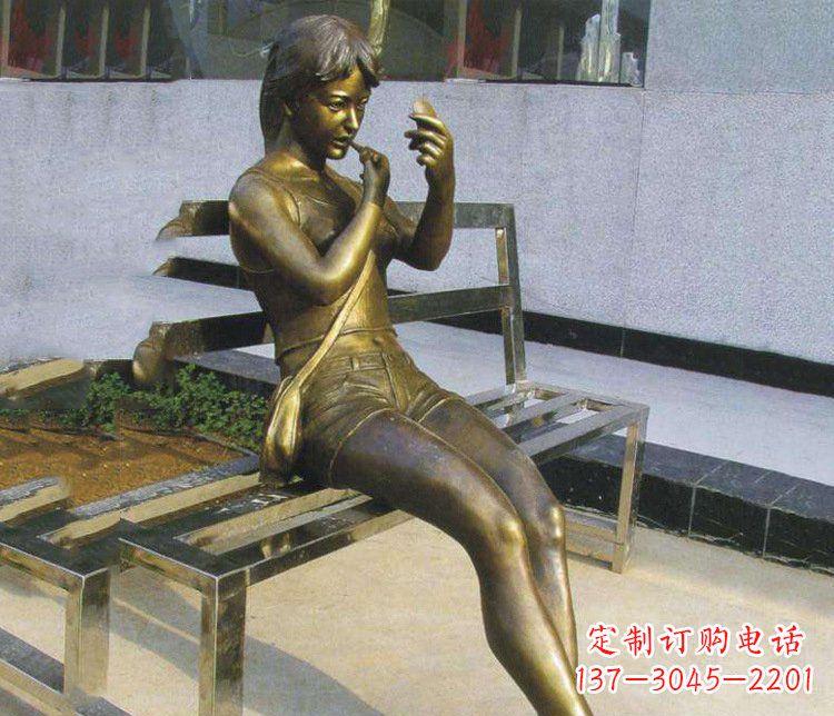 銅雕商業街化妝女孩人物雕塑