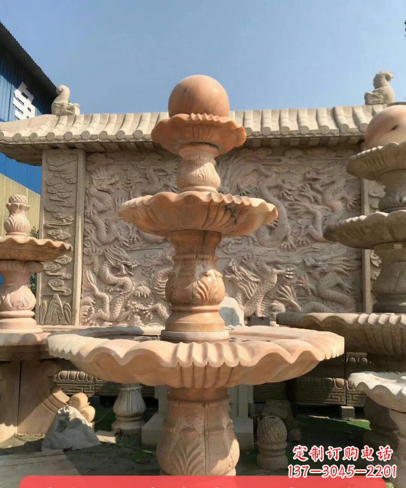 晚霞紅風水球石雕噴泉 