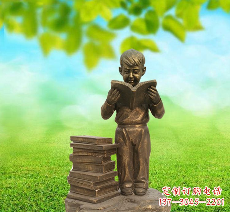 校園讀書的小男孩銅雕